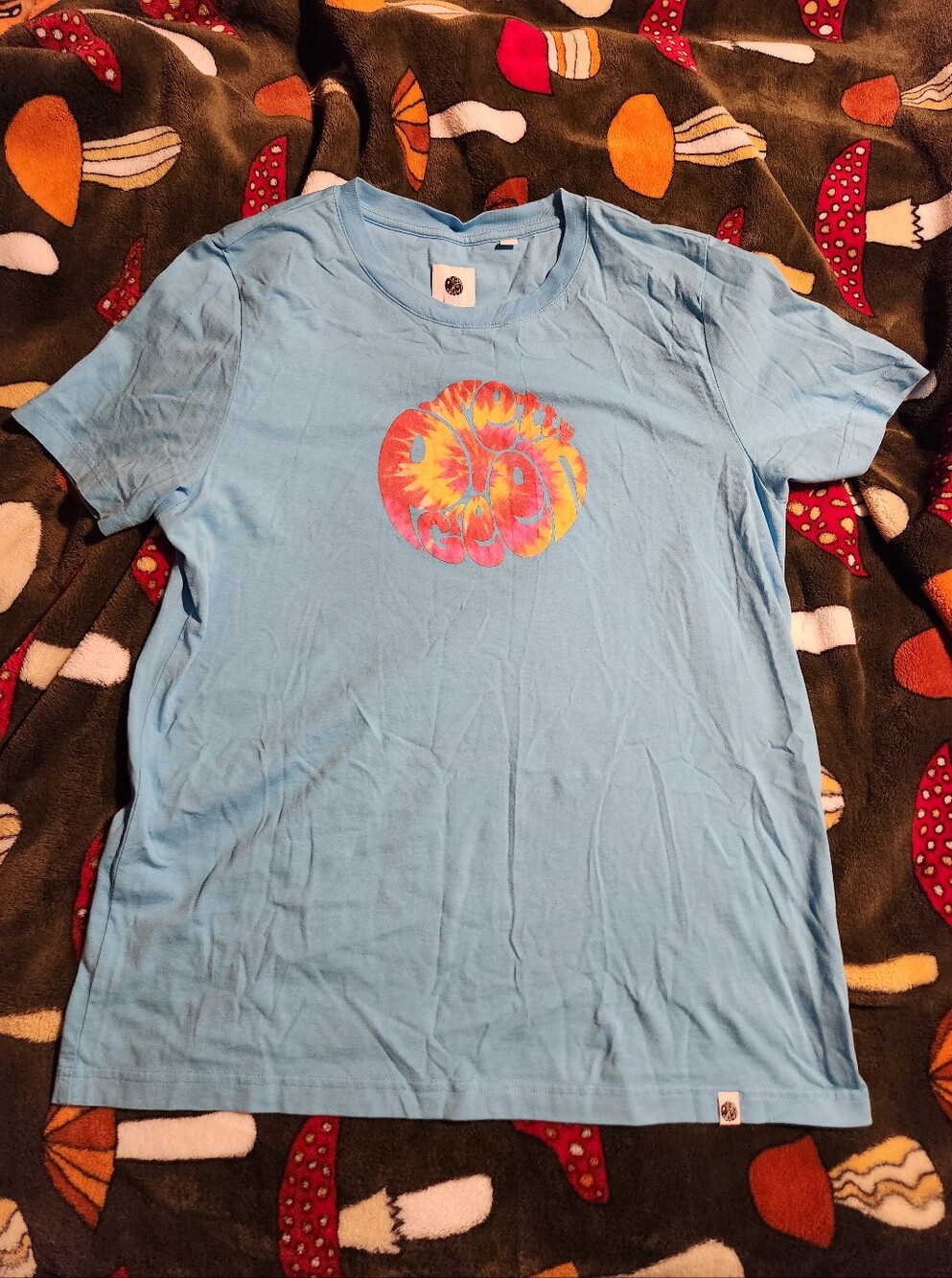 Pretty Green Light Blue Short-Sleeve Tee with Orange-Pink Tie-Dye Chest Graphic